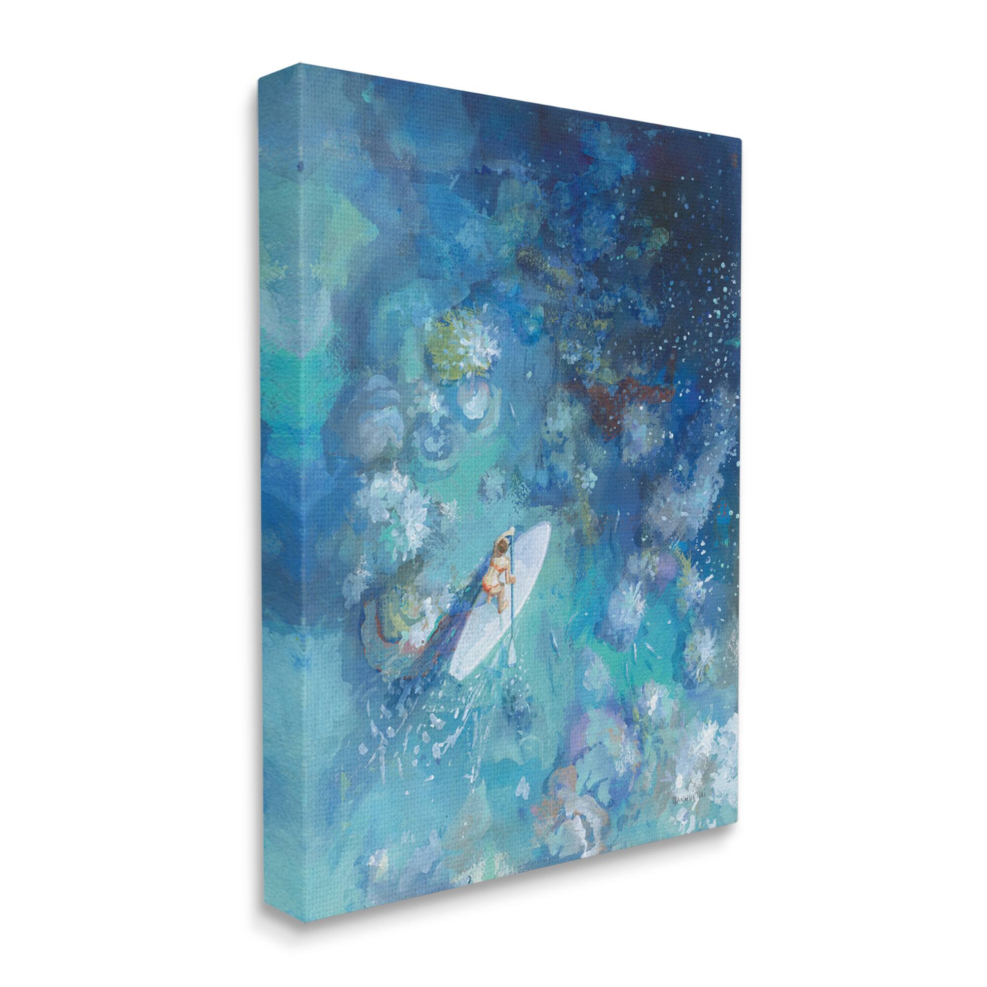 Stupell Industries Paddle Board Ocean Reef Tropical Scene Female Surfer Canvas Wall Art
